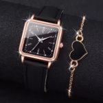 ⁦مجموعة ساعات كوارتز نسائية مربعة أنيقة بسوار جلدي وسوار على شكل قلب⁩ - الصورة ⁦3⁩