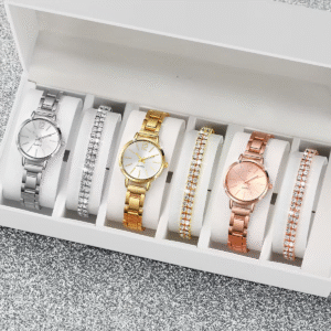 مجموعة من 6 قطع من ساعات الكوارتز النسائية الأنيقة بسوار فولاذي وأساور ألماس